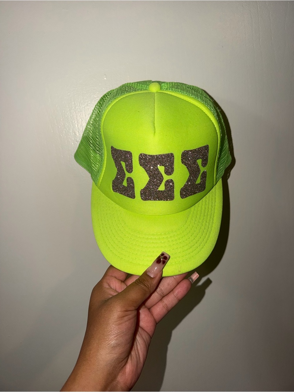 Tri Sigma sorority Neon green Trucker Hat with Glitter Lettering